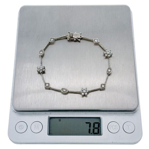 Vintage Sterling Silver 925 Floral Geometric Crystal Accent Bracelet 7" - Picture 6 of 6